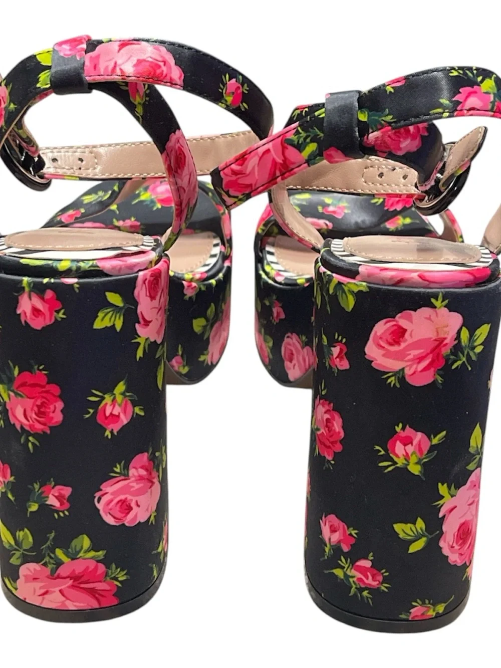 Floral Platform Block Heel Sandals - Black/Pink